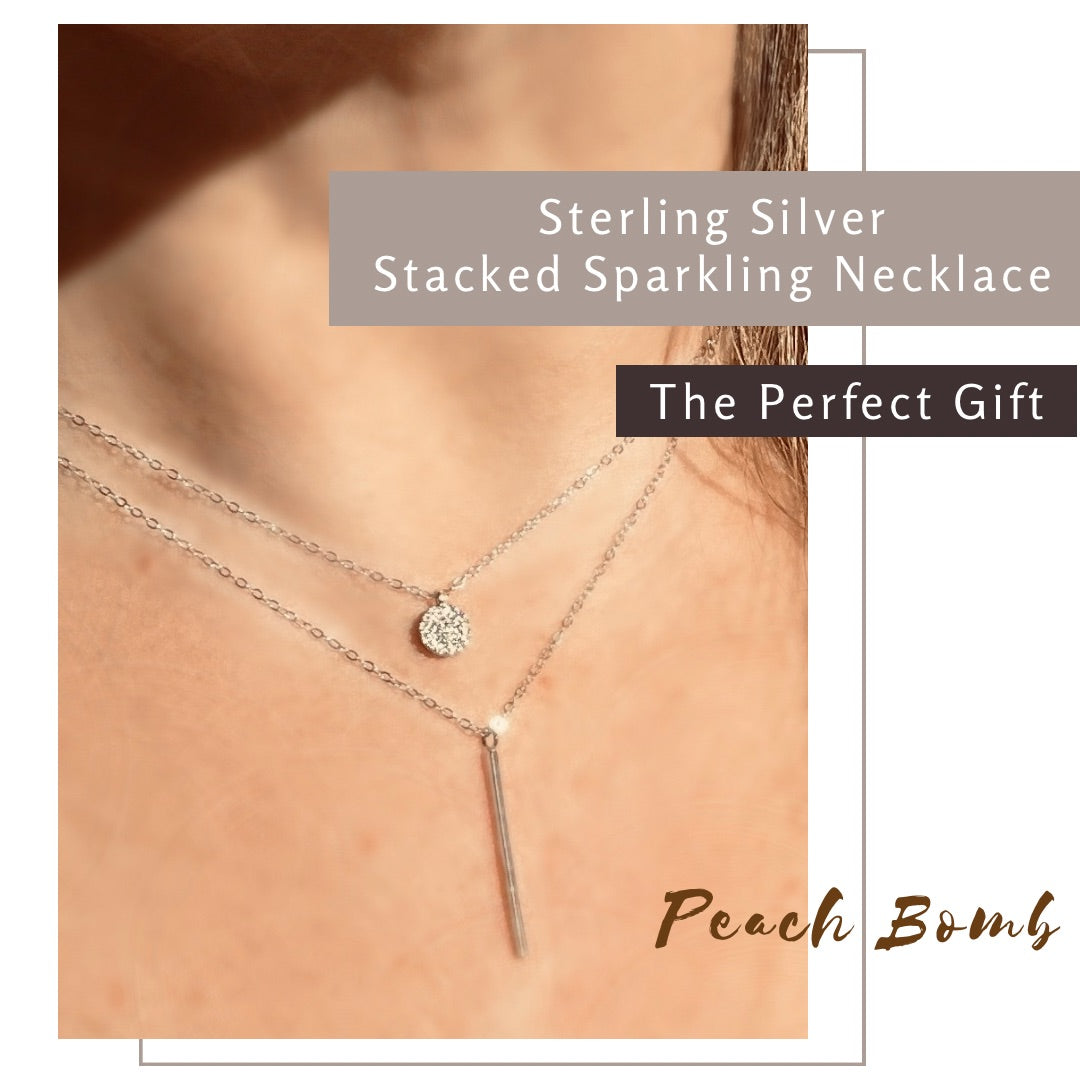 Peach bomb women’s ladies sterling silver layered necklace sparkling stacked gift for her valentines birthday anniversary 18th 21st 30th 40th