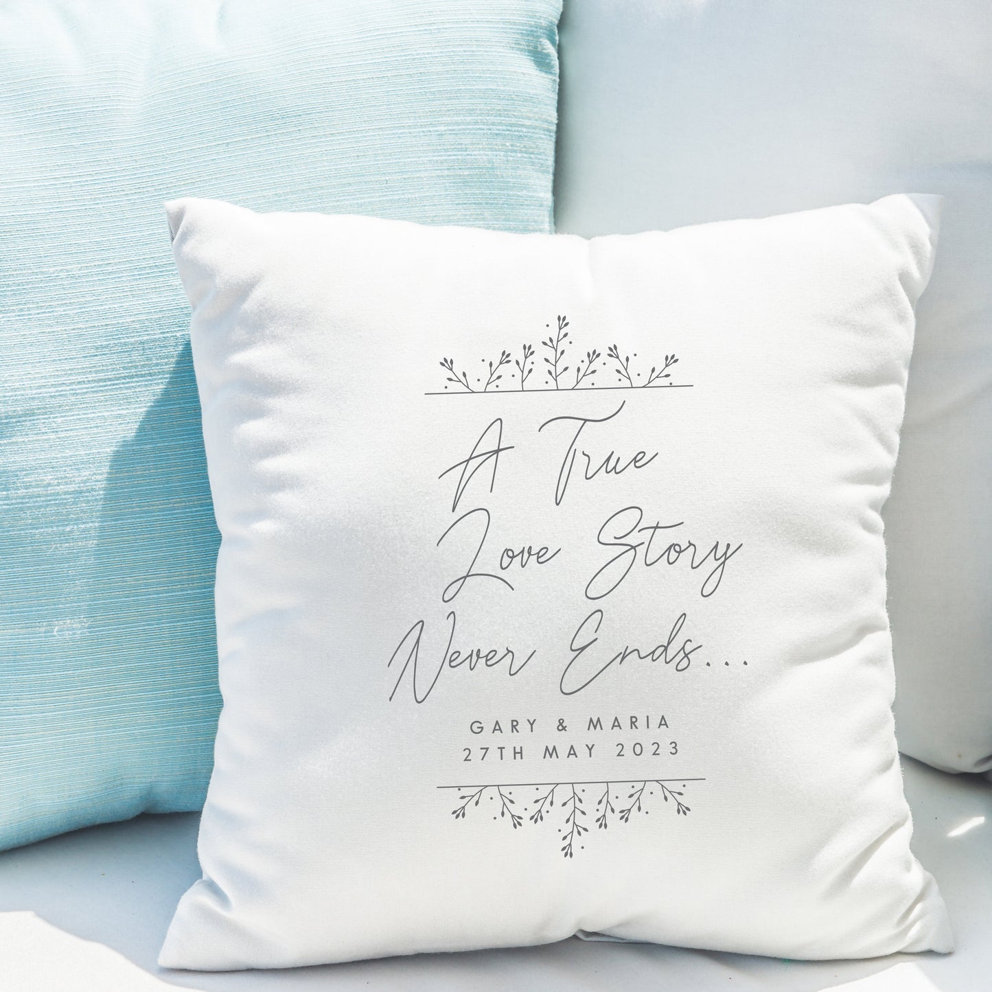 Personalised True Love Story White Cushion Peach Bomb Fashion, Jewellery, Homeware & Gifts Textiles