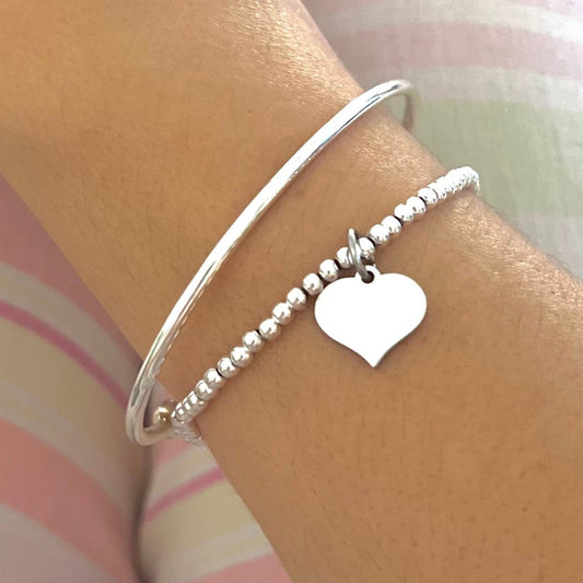 womens beaded stretch elastic bracelets jewellery jewelry silver beaded bead ball bracelet silver love heart charm gift for her birthday friend sister daughter auntie mum mother mom fast delivery pretty minimalist 21st 18th teenager