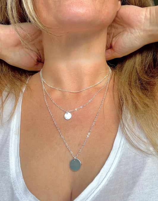 Silver Plated Layered Necklace with 3 Silver Chains and Disc Charms