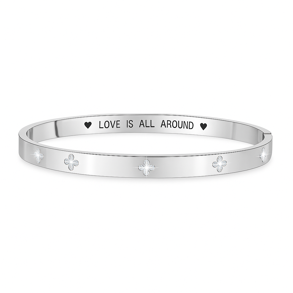 Silver Bangle with Clover Cubic Zirconia Details and “Love is All Around” Engraved Message