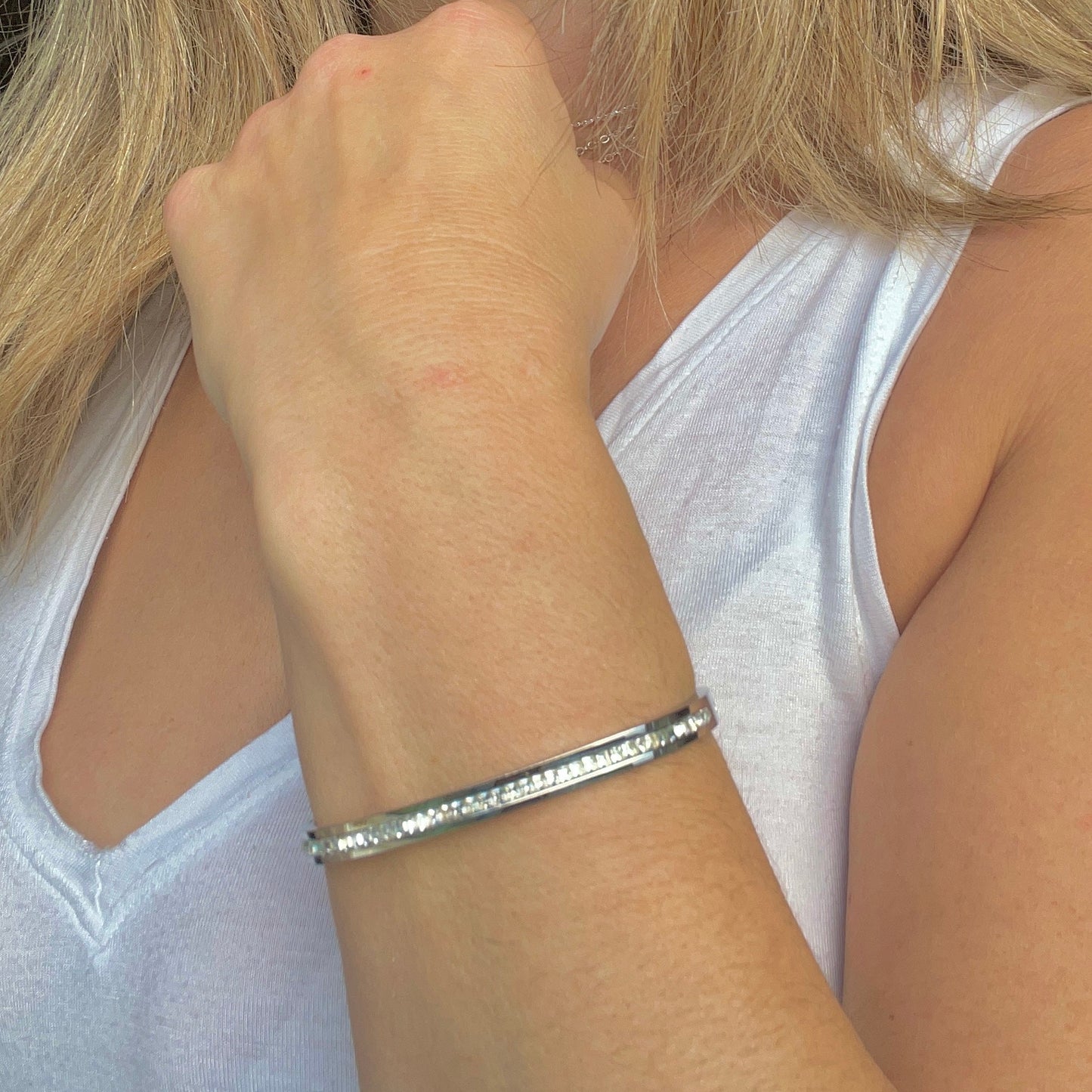 peach bomb silver hinged bracelet bangle cubic zirconia