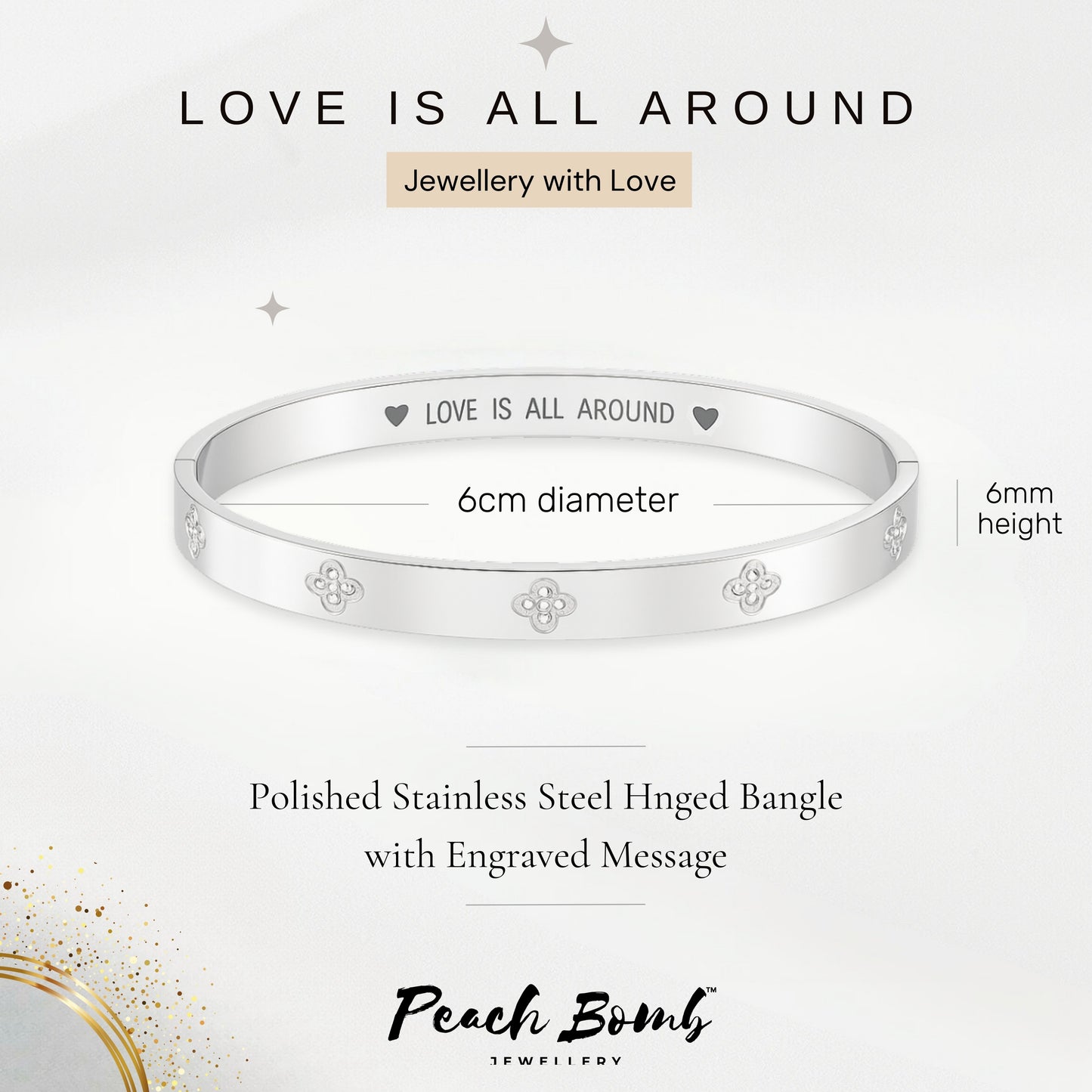 Silver Bangle with Clover Cubic Zirconia Details and 'Love is All Around' Engraved Message