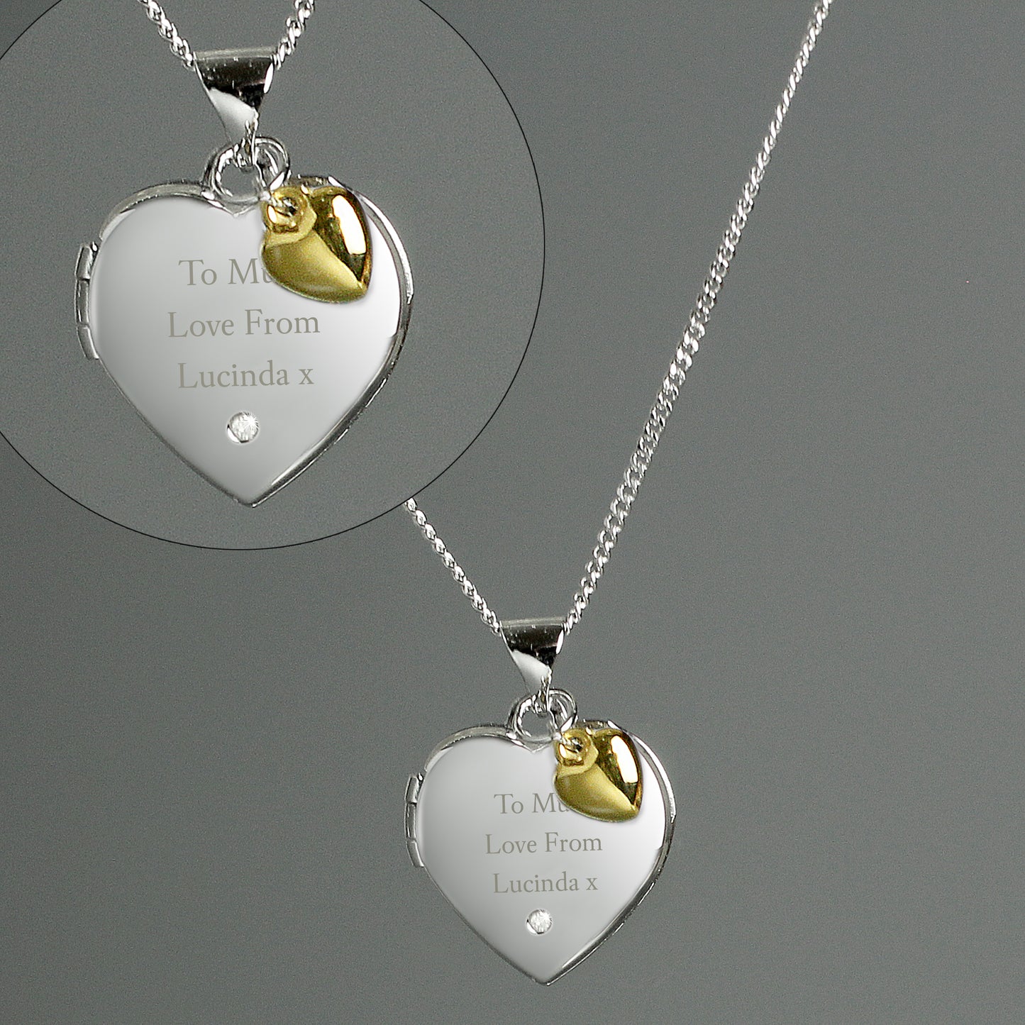 Personalised Sterling Silver Heart Locket Necklace with Diamond and 9ct Gold Charm Peach Bomb Fashion, Jewellery, Homeware & Gifts