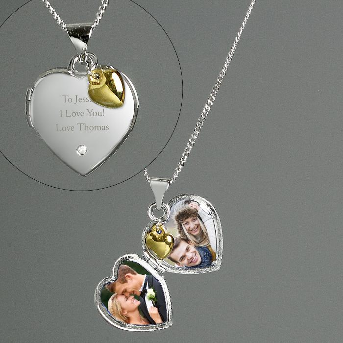 Personalised Sterling Silver Heart Locket Necklace for her Christmas birthday anniversary with Diamond and 9ct Gold Charm