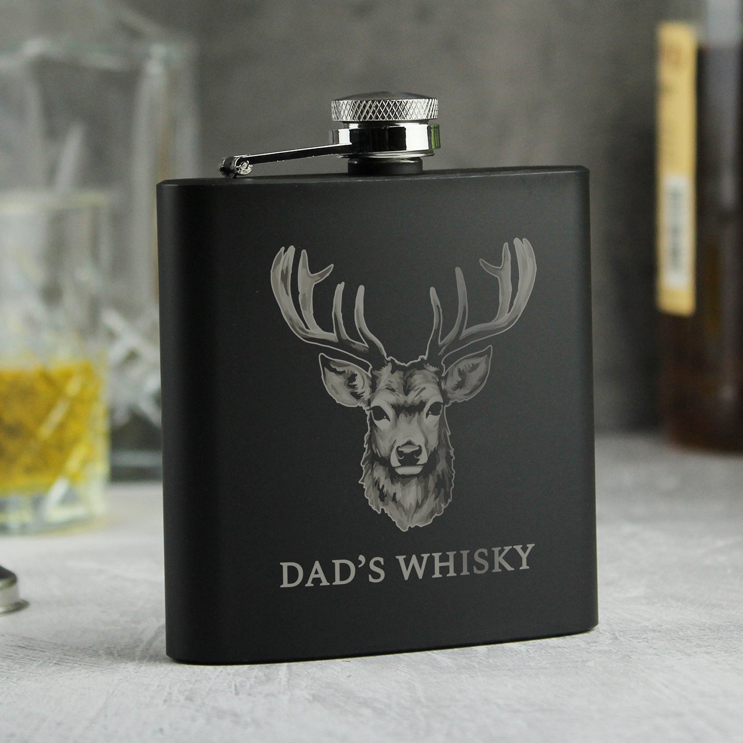 Personalised Stag Black Hip Flask Peach Bomb Fashion, Jewellery, Homeware & Gifts Glasses & Barware