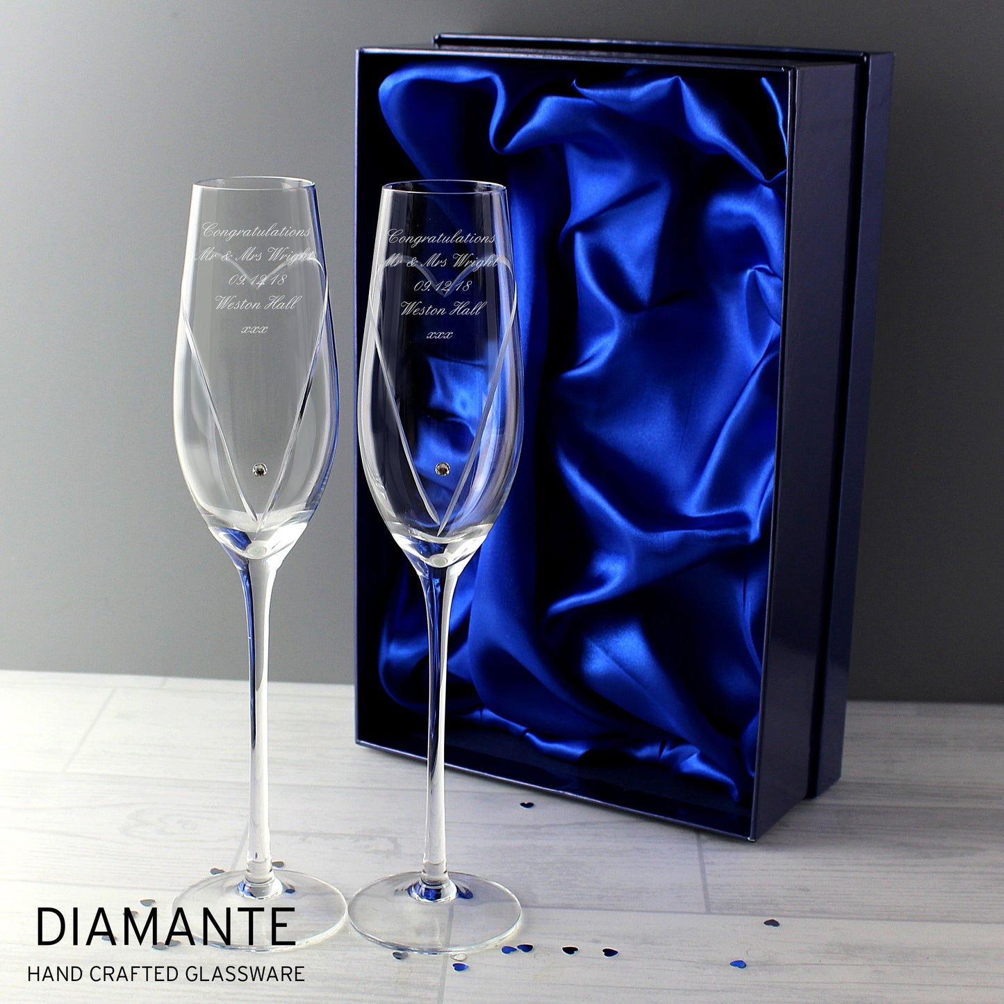 Personalised Hand Cut Heart Pair of Flutes with Gift Box Peach Bomb Fashion, Jewellery, Homeware & Gifts Glasses & Barware