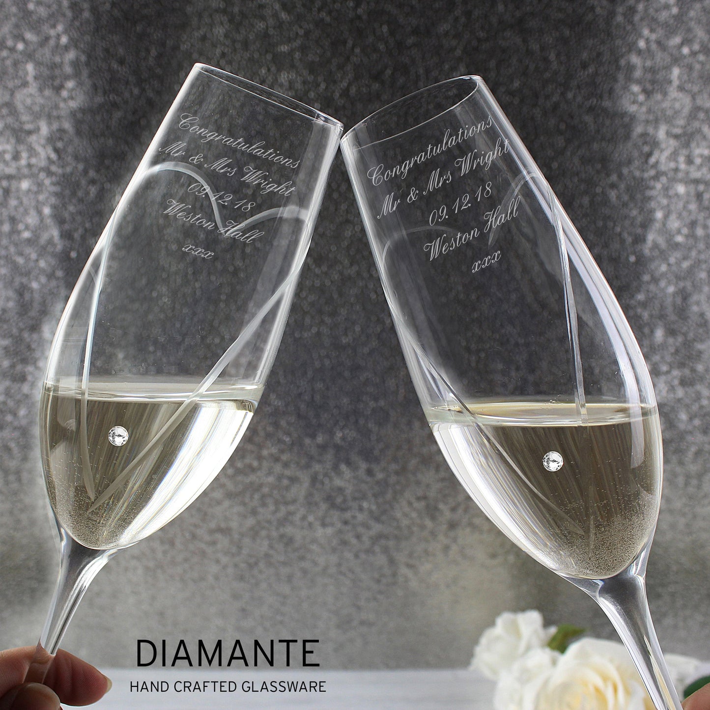 Personalised Hand Cut Heart Pair of Flutes with Gift Box Peach Bomb Fashion, Jewellery, Homeware & Gifts Glasses & Barware