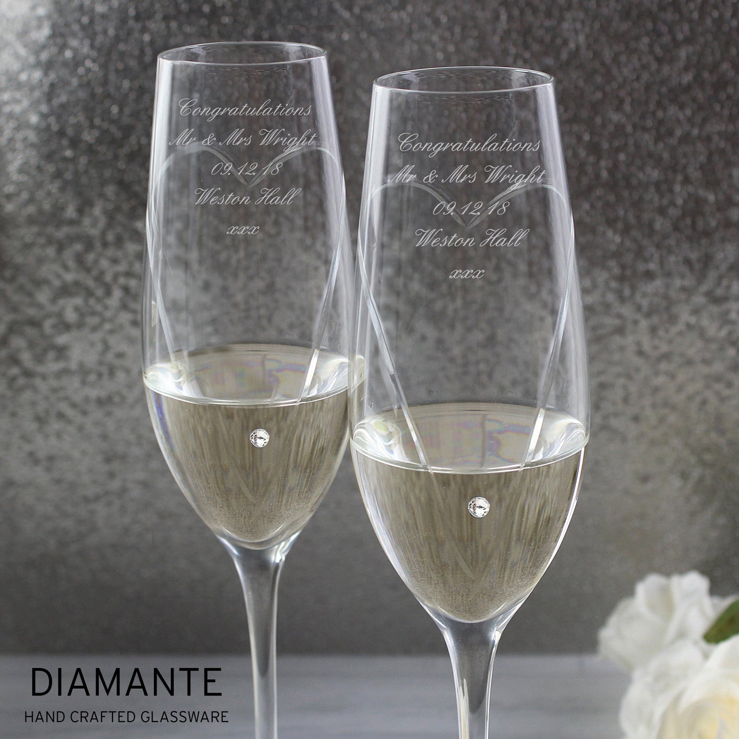 Personalised Hand Cut Heart Pair of Flutes with Gift Box Peach Bomb Fashion, Jewellery, Homeware & Gifts Glasses & Barware
