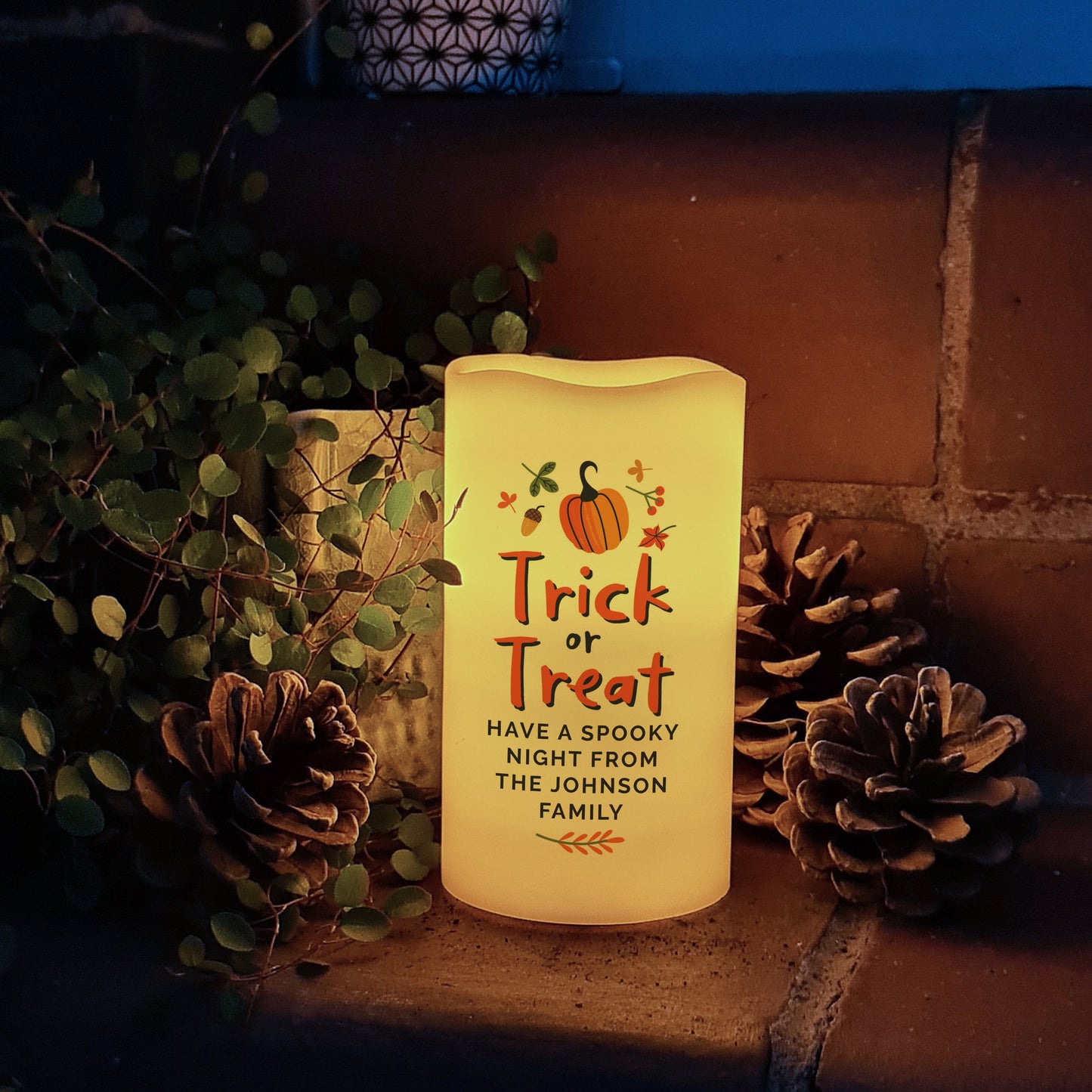 Personalised Trick or Treat LED Candle Peach Bomb Fashion, Jewellery, Homeware & Gifts LED Lights, Candles & Decorations