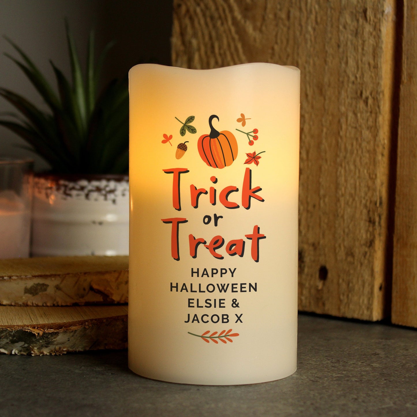 Personalised Trick or Treat LED Candle Peach Bomb Fashion, Jewellery, Homeware & Gifts LED Lights, Candles & Decorations