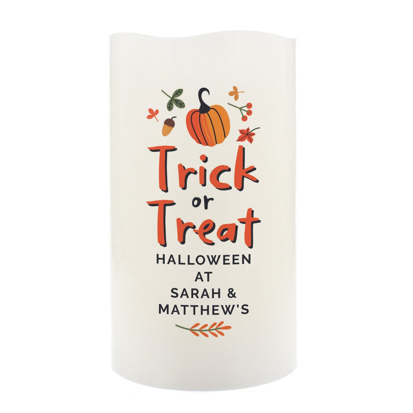 Personalised Trick or Treat LED Candle Peach Bomb Fashion, Jewellery, Homeware & Gifts LED Lights, Candles & Decorations
