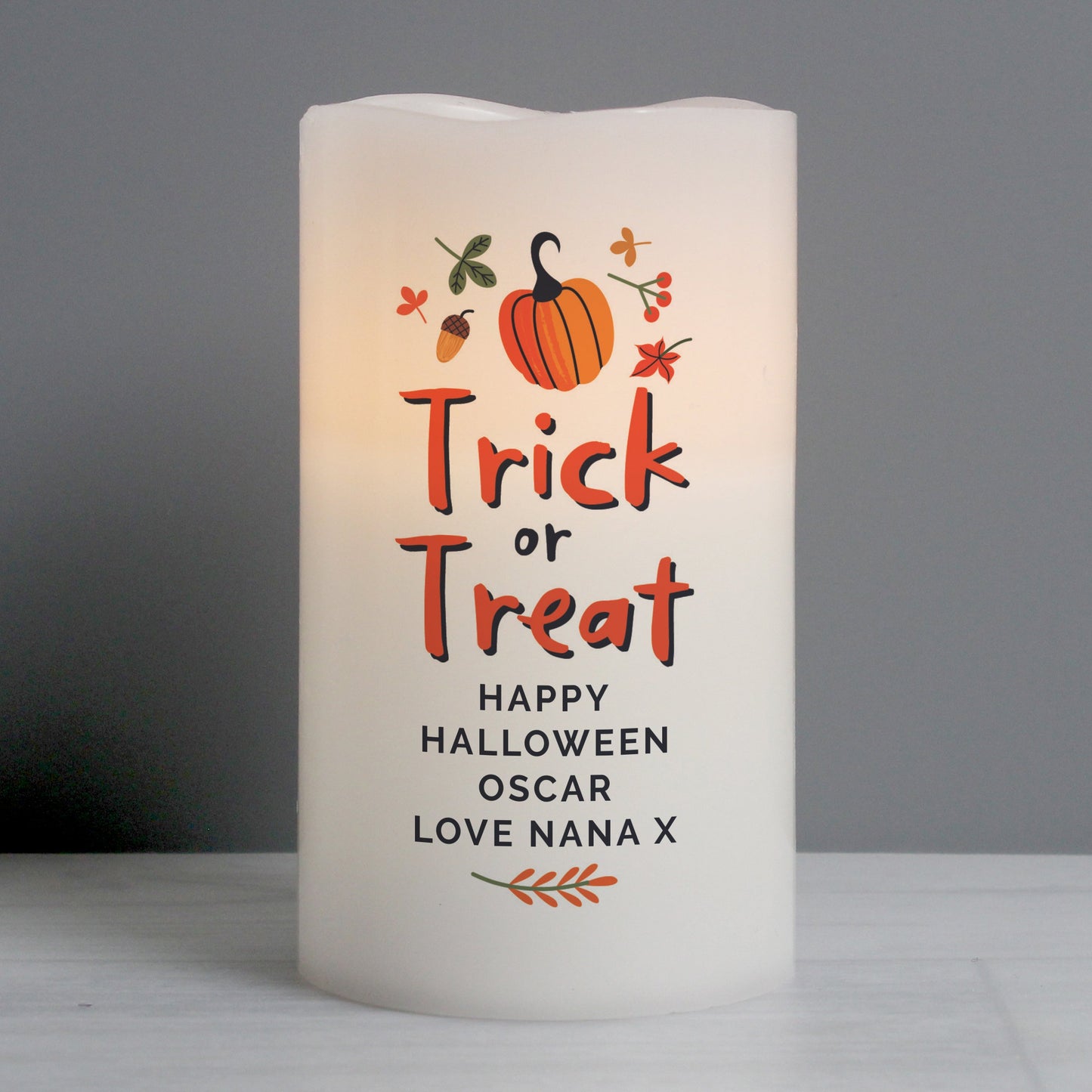 Personalised Trick or Treat LED Candle Peach Bomb Fashion, Jewellery, Homeware & Gifts LED Lights, Candles & Decorations
