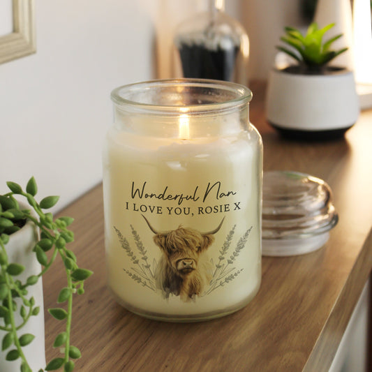Personalised Highland Cow Large Candle Jar Peach Bomb Fashion, Jewellery, Homeware & Gifts Candles & Reed Diffusers