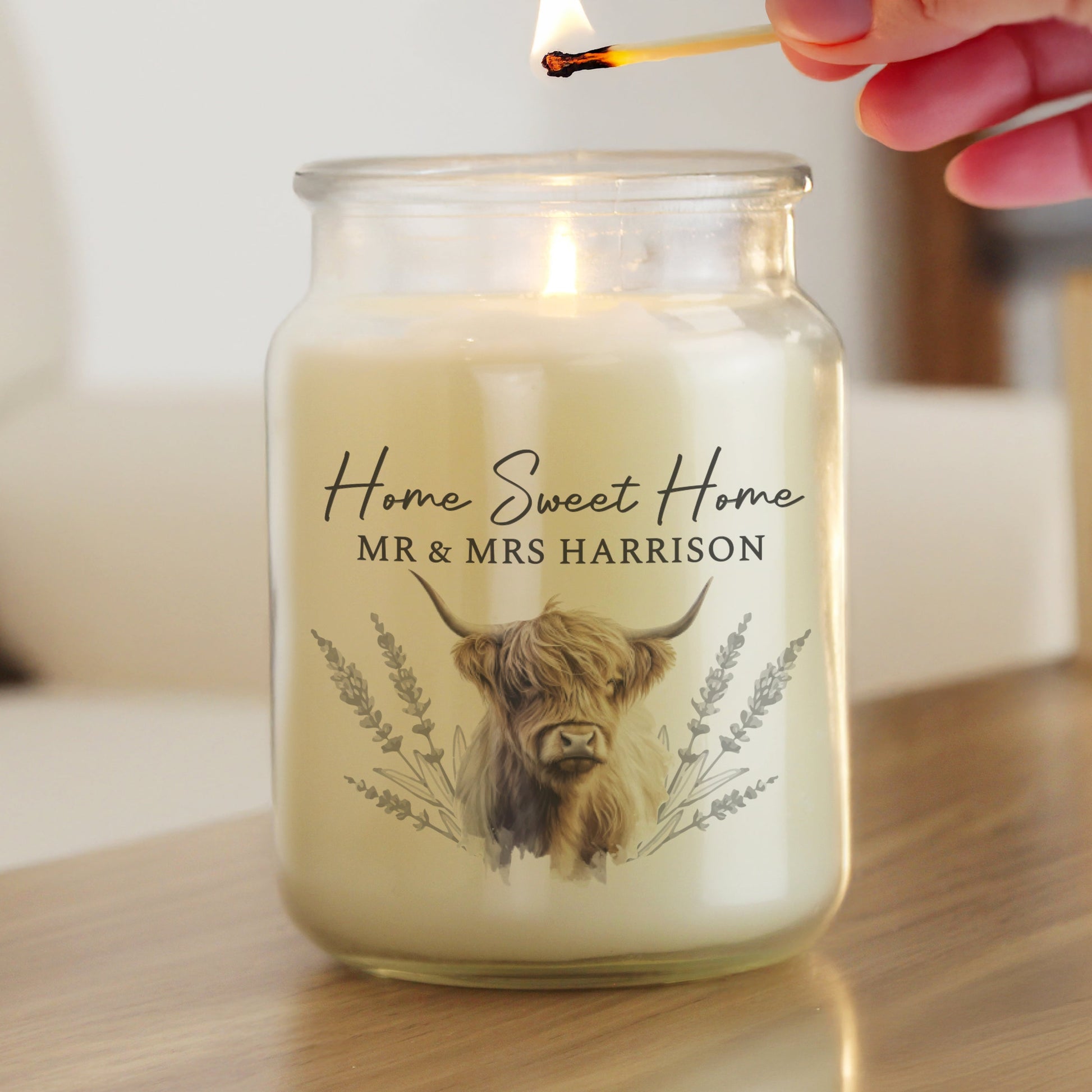 Personalised Highland Cow Large Candle Jar Peach Bomb Fashion, Jewellery, Homeware & Gifts Candles & Reed Diffusers