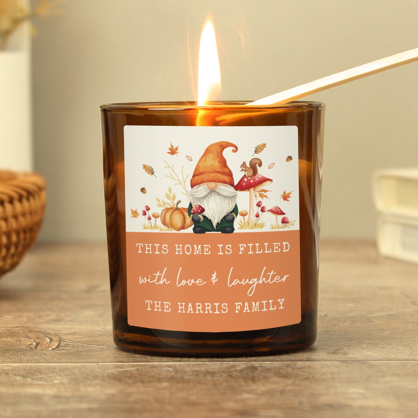 Personalised Autumn Gonk Amber Glass Candle Peach Bomb Fashion, Jewellery, Homeware & Gifts Candles & Reed Diffusers