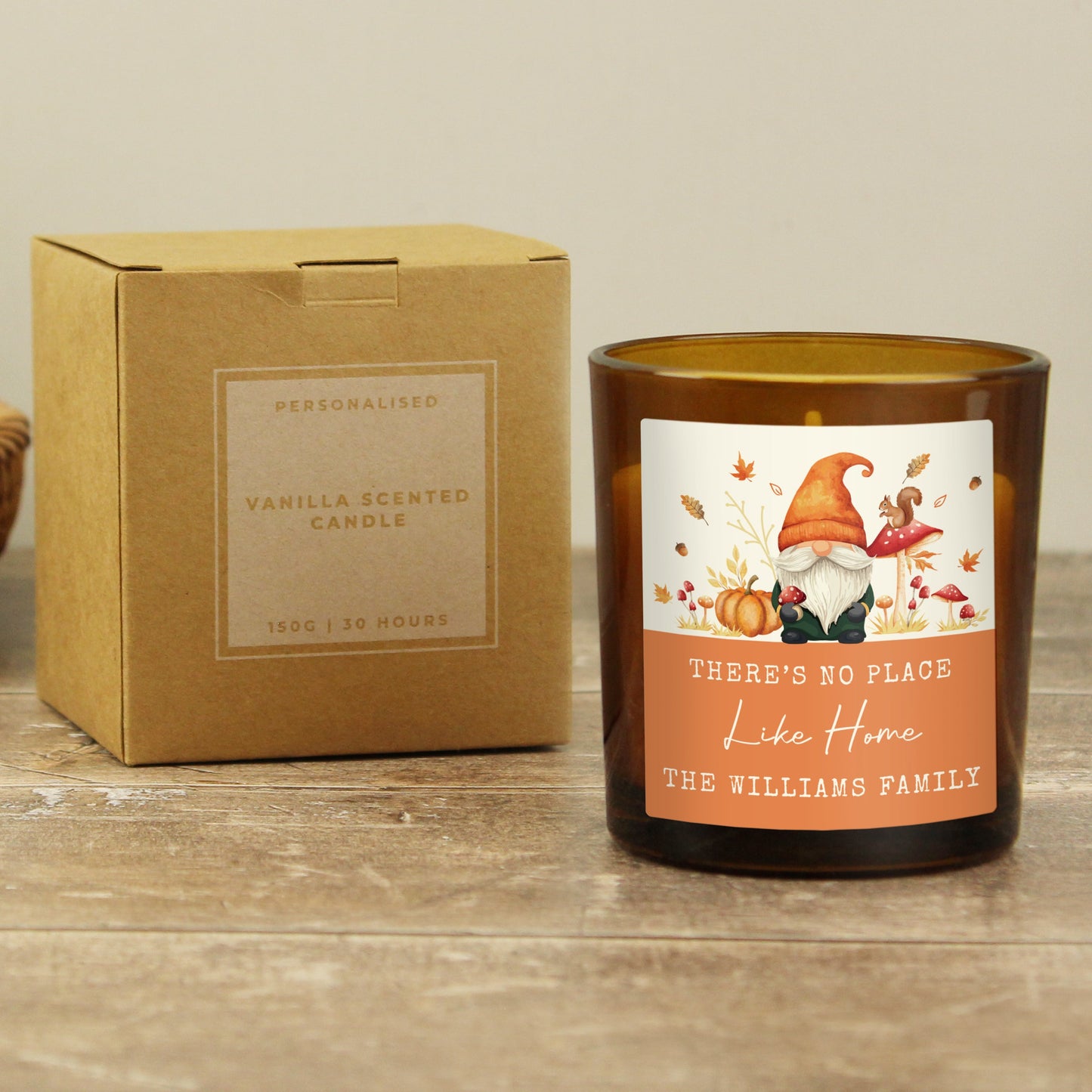 Personalised Autumn Gonk Amber Glass Candle Peach Bomb Fashion, Jewellery, Homeware & Gifts Candles & Reed Diffusers