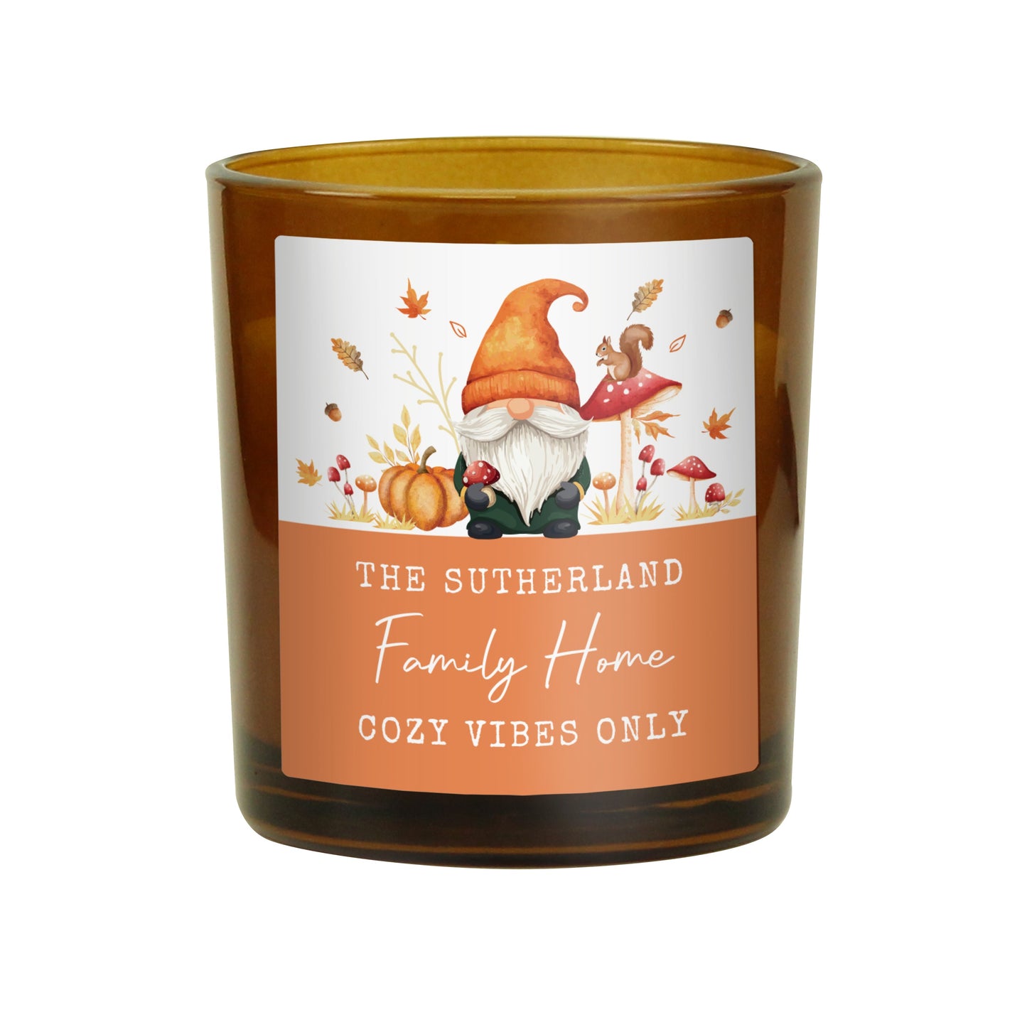 Personalised Autumn Gonk Amber Glass Candle Peach Bomb Fashion, Jewellery, Homeware & Gifts Candles & Reed Diffusers