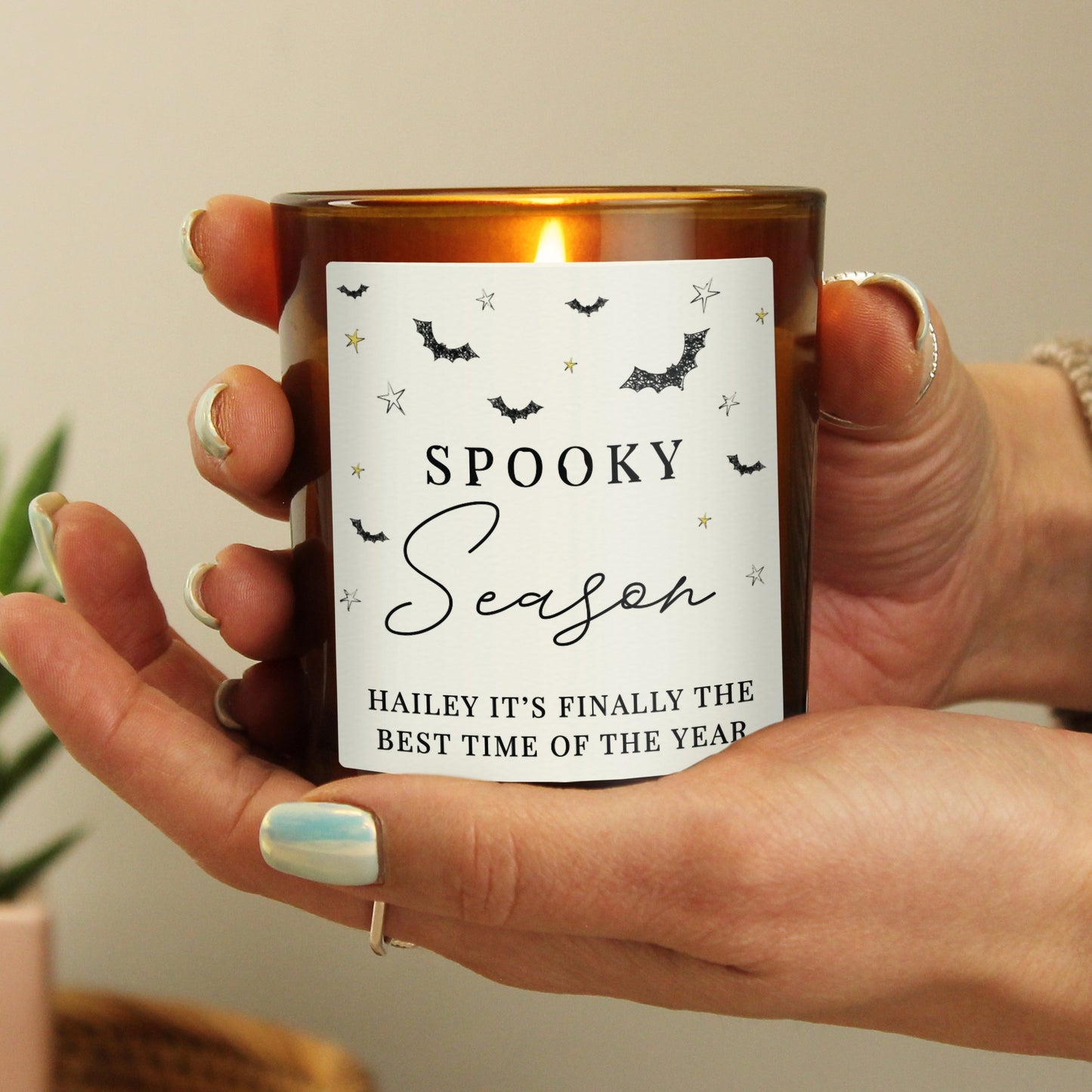 Personalised Spooky Amber Glass Candle Peach Bomb Fashion, Jewellery, Homeware & Gifts Candles & Reed Diffusers
