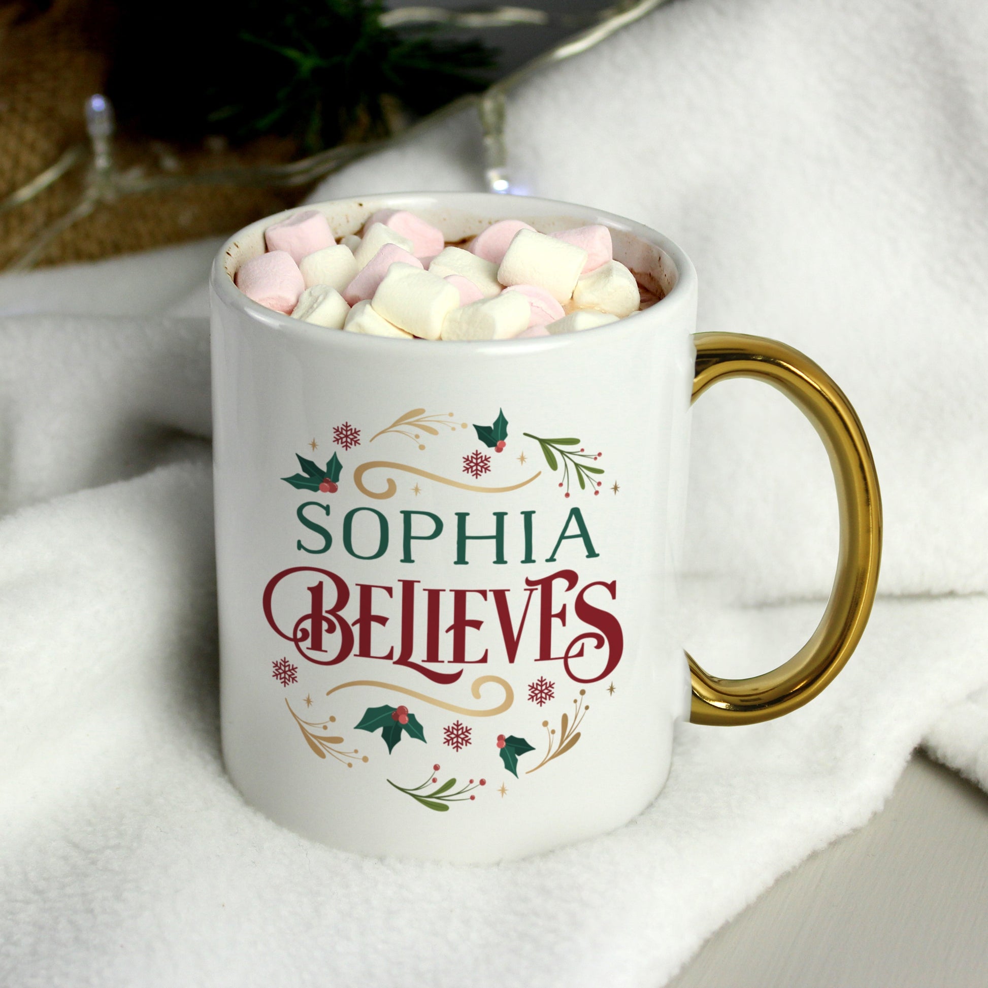 Personalised Believes In Christmas Gold Handled Mug Peach Bomb Fashion, Jewellery, Homeware & Gifts Mugs