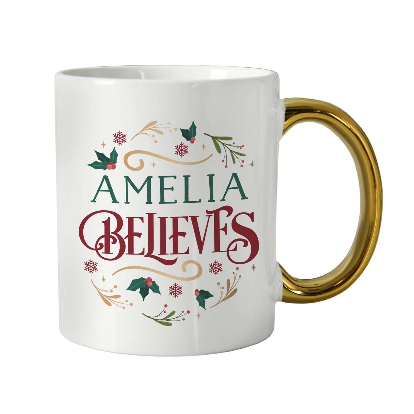 Personalised Believes In Christmas Gold Handled Mug Peach Bomb Fashion, Jewellery, Homeware & Gifts Mugs