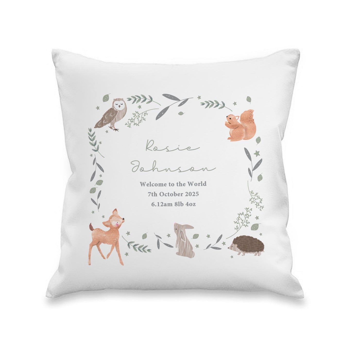 Personalised Woodland Animals Cushion Peach Bomb Fashion, Jewellery, Homeware & Gifts Textiles