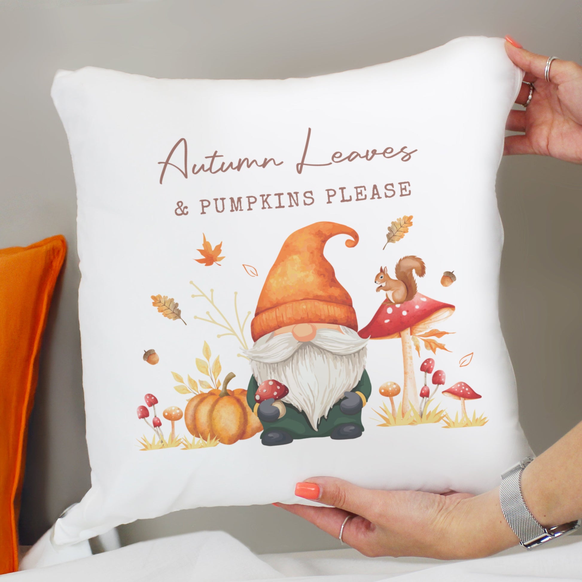 Personalised Autumn Gonk Cushion Peach Bomb Fashion, Jewellery, Homeware & Gifts Textiles