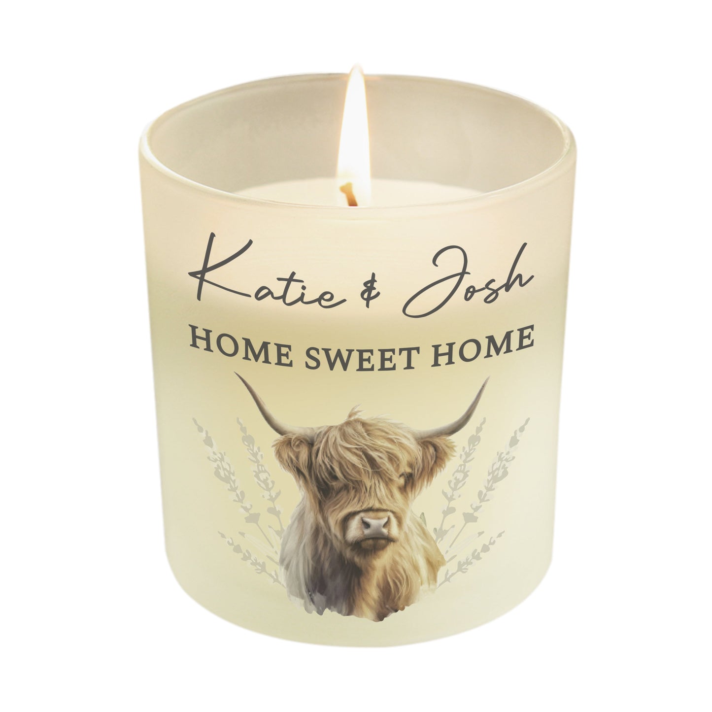 Personalised Highland Cow Frosted Glass Candle Peach Bomb Fashion, Jewellery, Homeware & Gifts Candles & Reed Diffusers