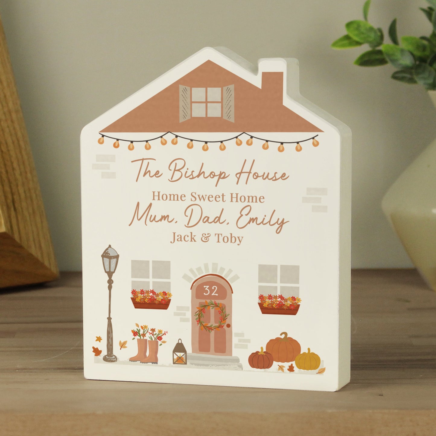 Personalised Autumnal Wooden House Ornament Peach Bomb Fashion, Jewellery, Homeware & Gifts Ornaments