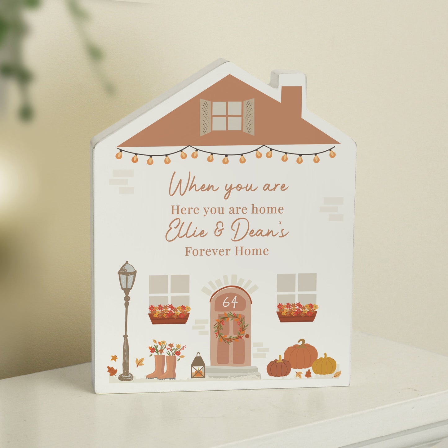 Personalised Autumnal Wooden House Ornament Peach Bomb Fashion, Jewellery, Homeware & Gifts Ornaments