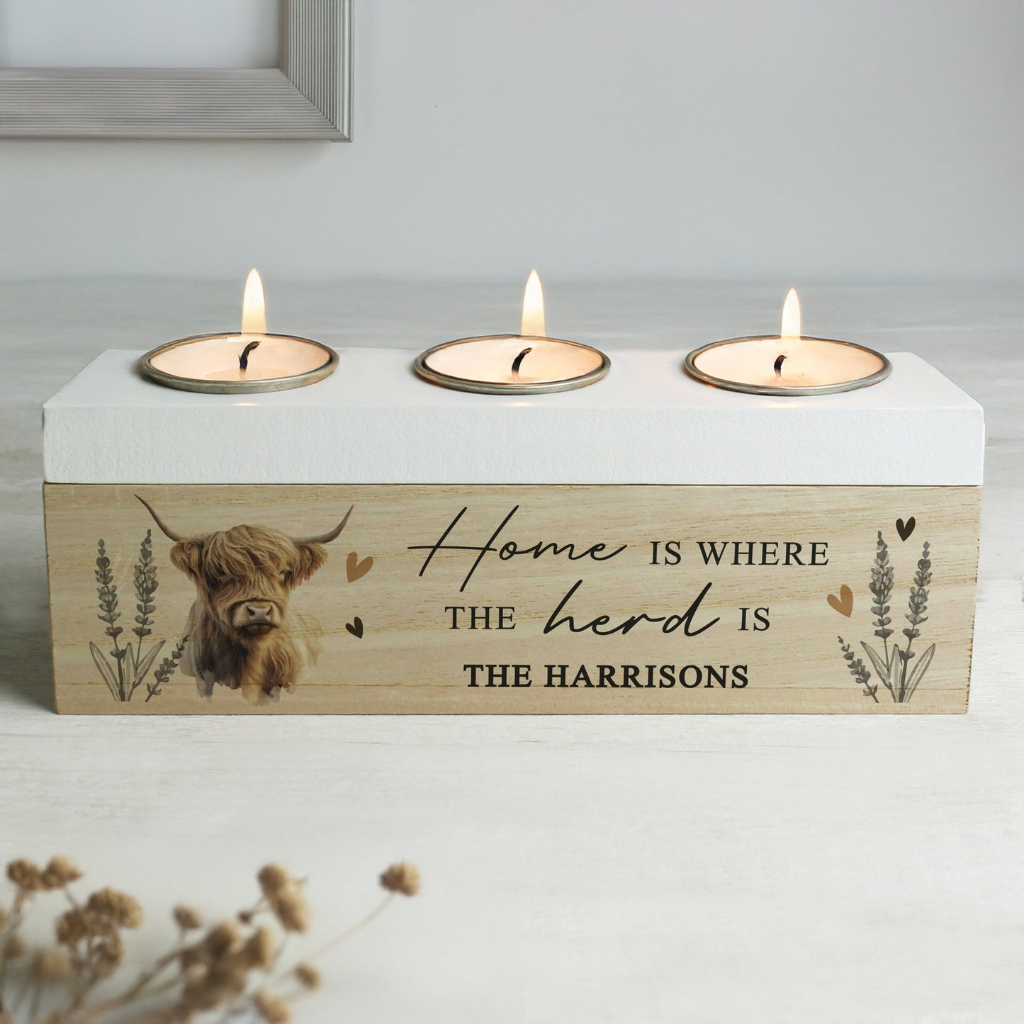 Personalised Highland Cow Triple Tea Light Box Peach Bomb Fashion, Jewellery, Homeware & Gifts LED Lights, Candles & Decorations