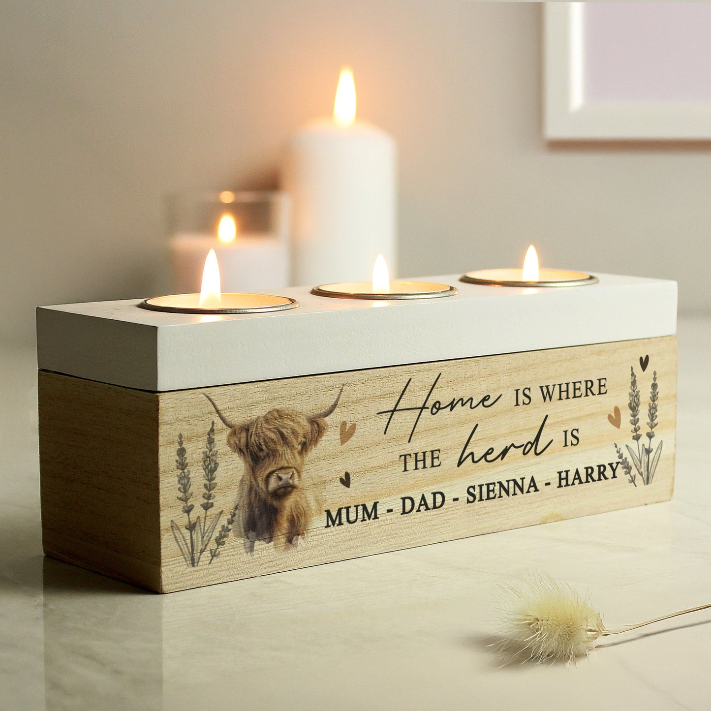 Personalised Highland Cow Triple Tea Light Box Peach Bomb Fashion, Jewellery, Homeware & Gifts LED Lights, Candles & Decorations