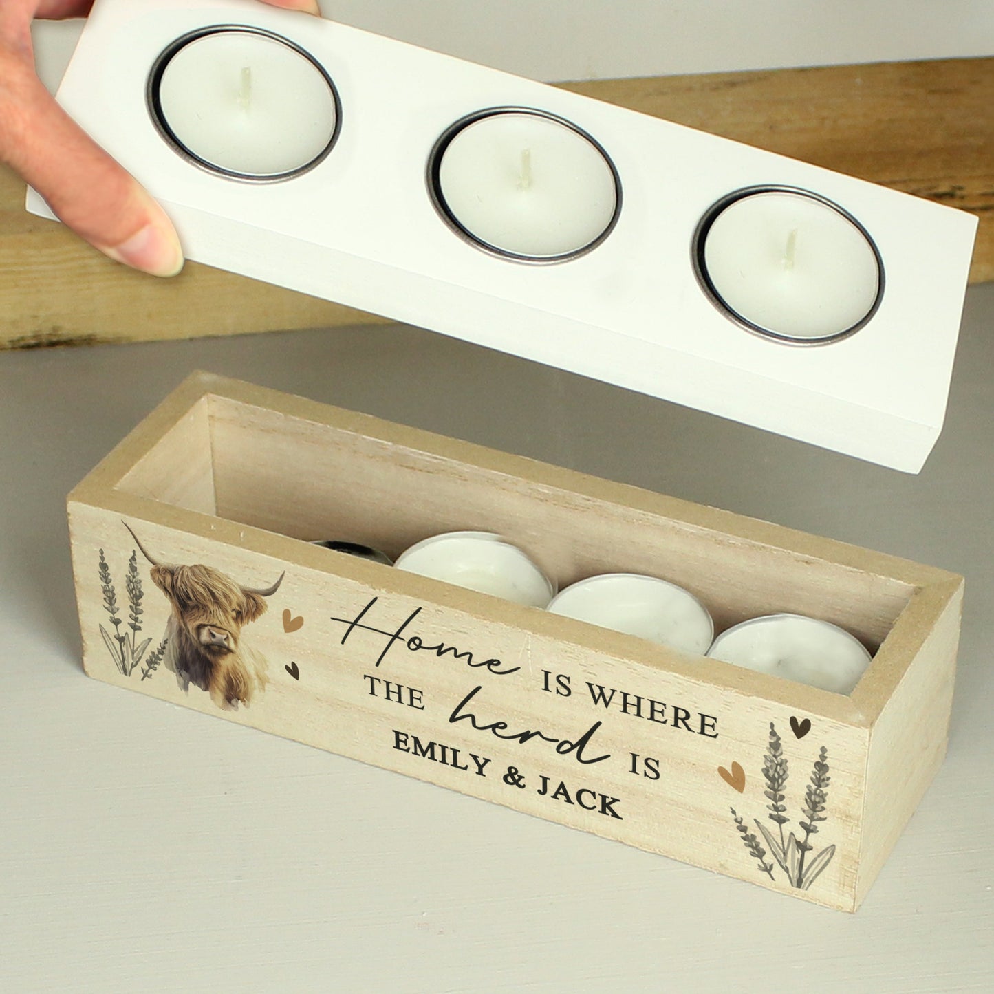 Personalised Highland Cow Triple Tea Light Box Peach Bomb Fashion, Jewellery, Homeware & Gifts LED Lights, Candles & Decorations