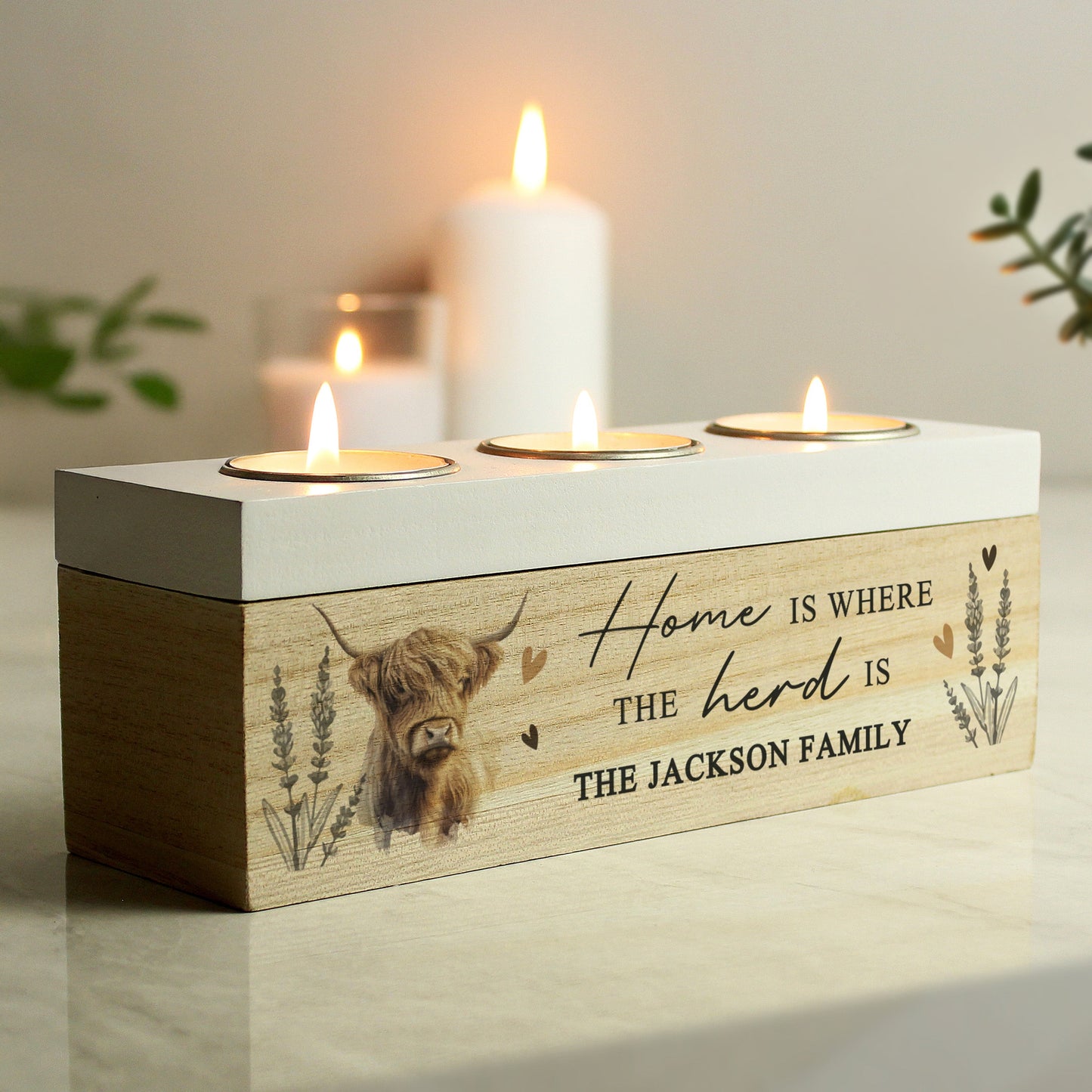 Personalised Highland Cow Triple Tea Light Box Peach Bomb Fashion, Jewellery, Homeware & Gifts LED Lights, Candles & Decorations
