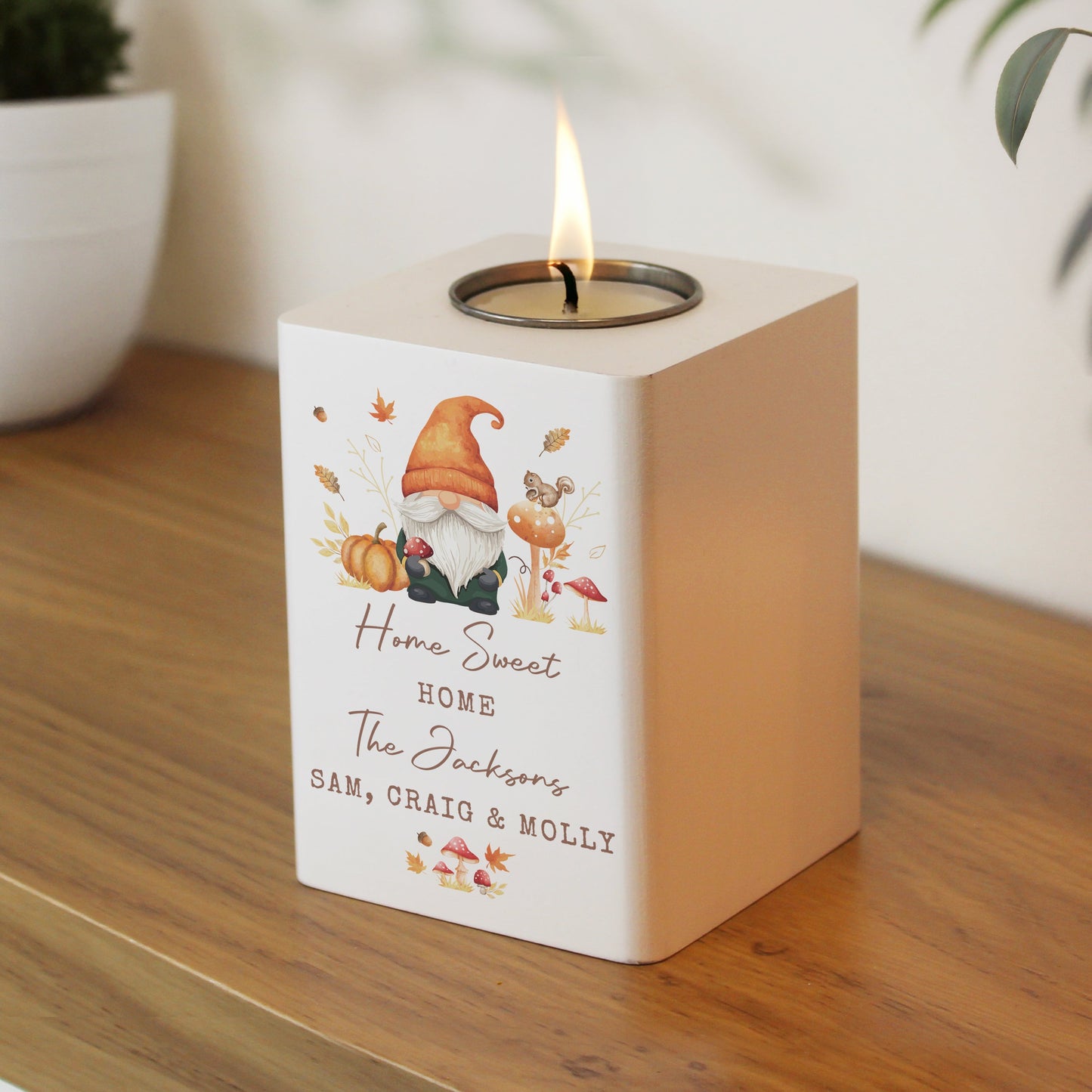 Personalised Autumn Gonk Tealight Holder Peach Bomb Fashion, Jewellery, Homeware & Gifts Candles & Reed Diffusers