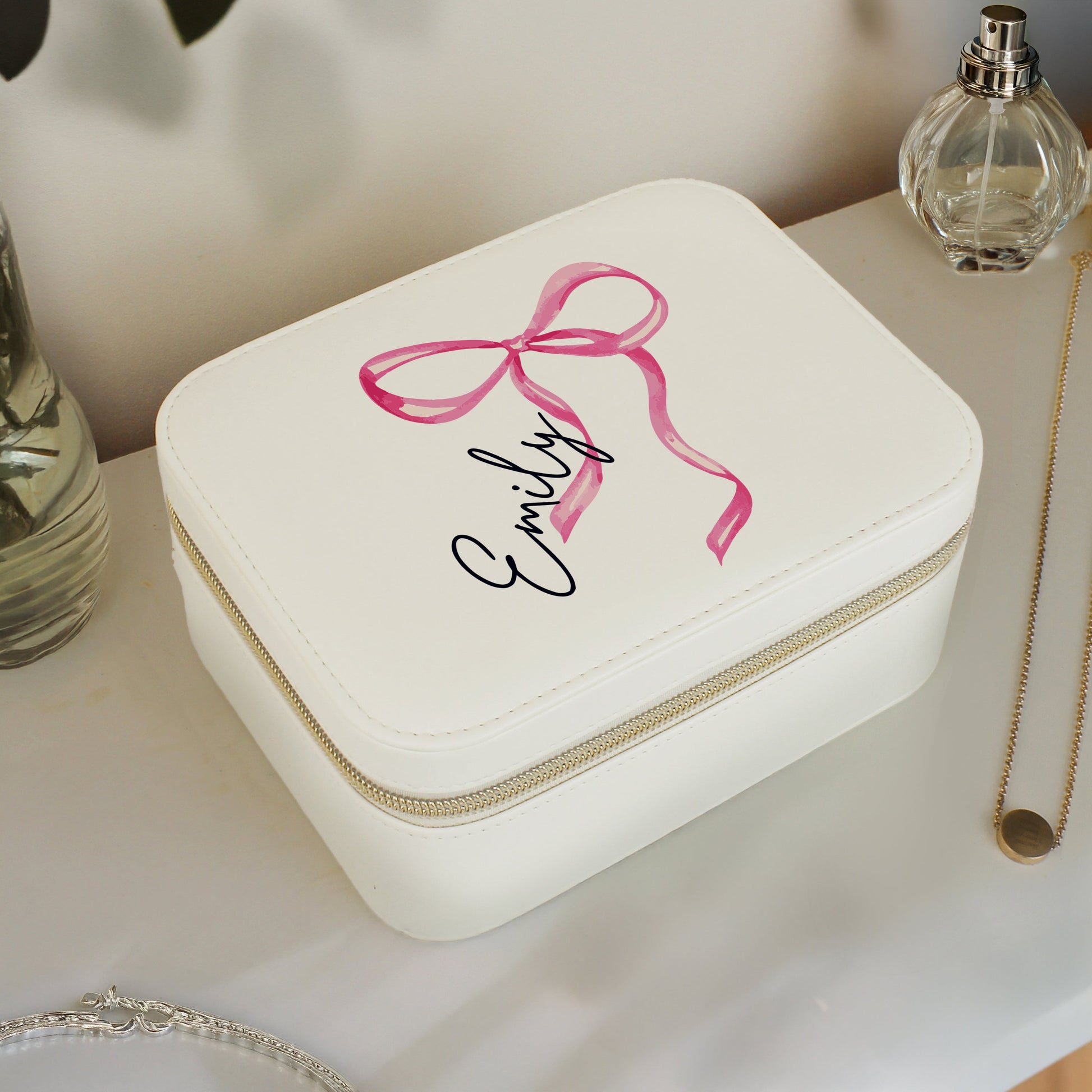 Personalised Bow Travel Jewellery Box Peach Bomb Fashion, Jewellery, Homeware & Gifts Trinket, Jewellery & Keepsake Boxes