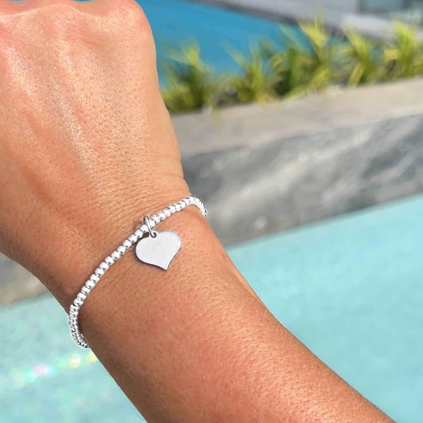 Silver Beaded Stretch Bracelet with Heart Charm