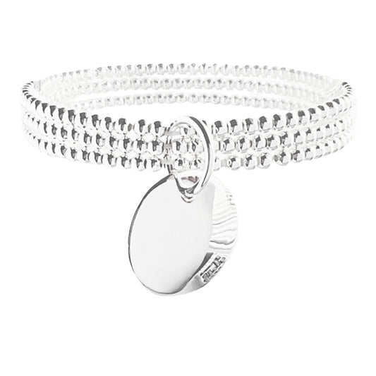 Silver Beaded Stretch Bracelet with Round Charm
