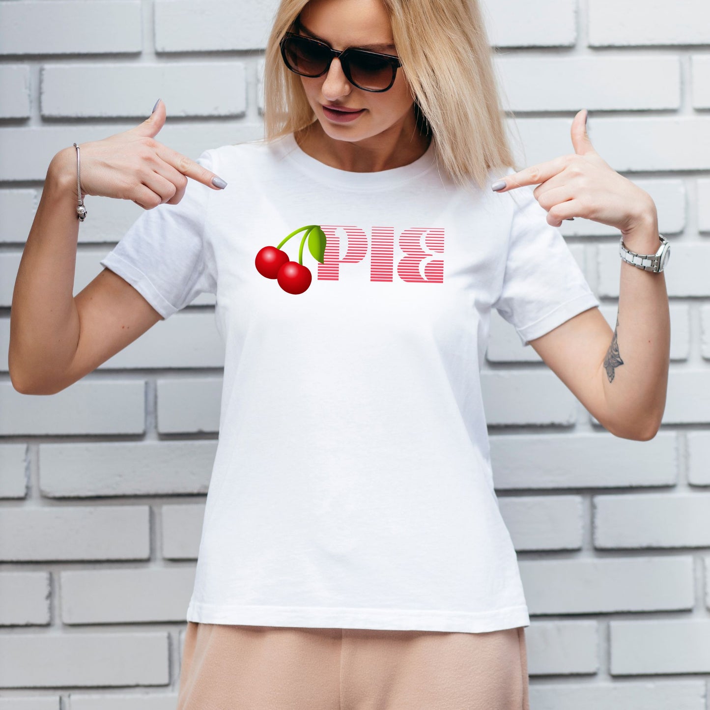 Women's Graphic T-Shirt with CHERRY PIE Design in White