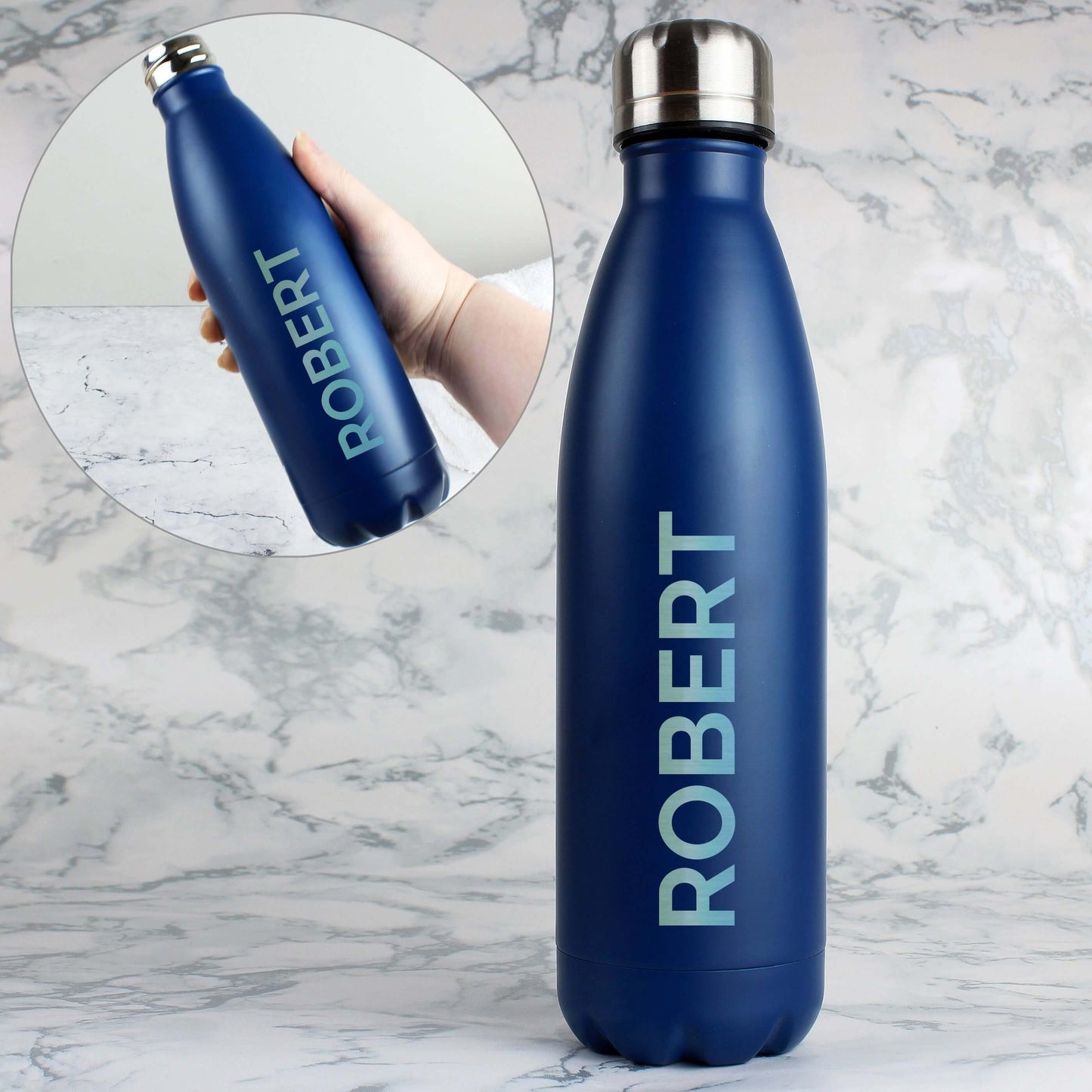 Personalised Bold Name Blue Metal Insulated Drinks Bottle Peach Bomb