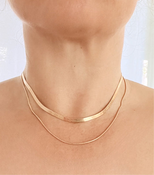 Gold Herringbone Double Layer Necklace with Flat and Thin Gold Chains. The Gift for Her Peach Bomb Fashion, Jewellery, Homeware & Gifts Necklaces