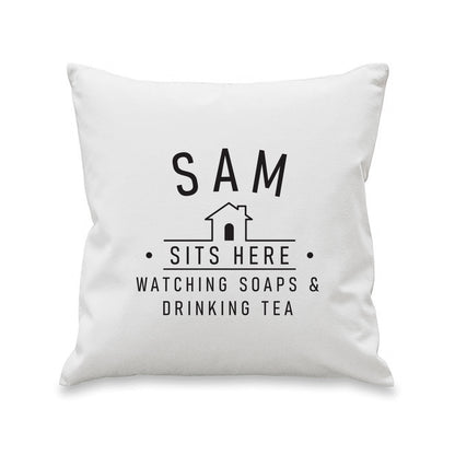Personalised ...Sits Here Cushion Peach Bomb Fashion, Jewellery, Homeware & Gifts Textiles