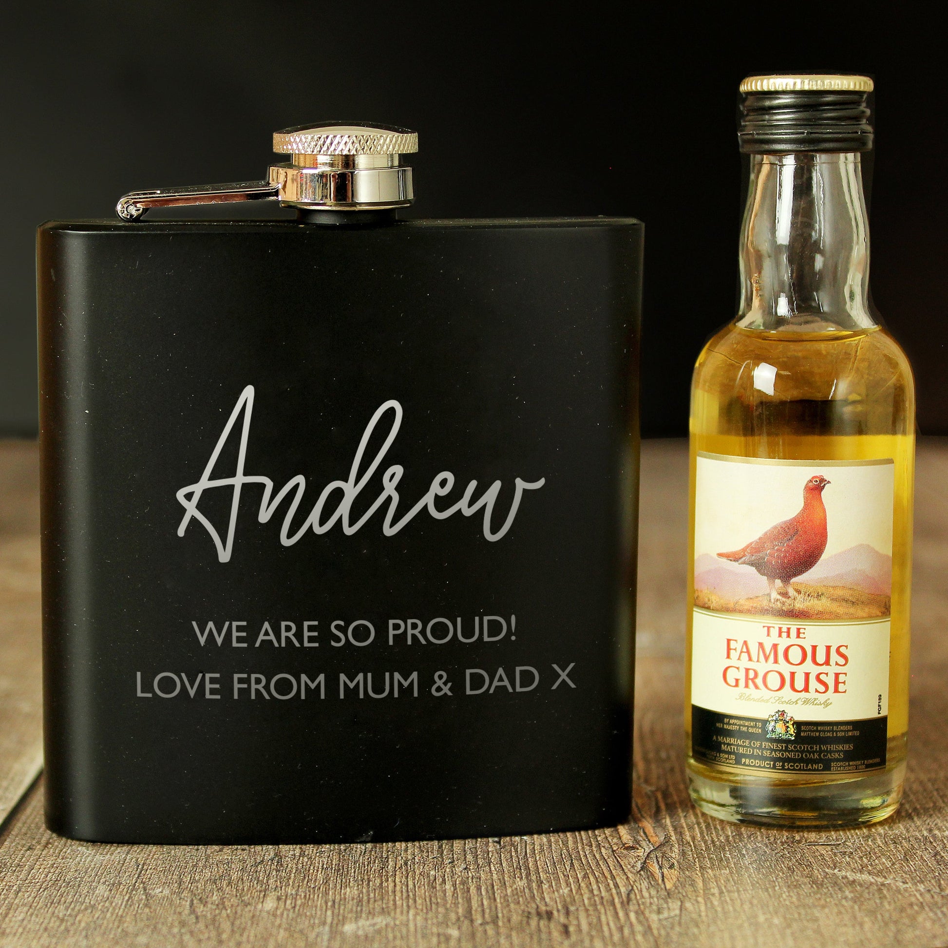 Personalised Free Text Hip Flask and Grouse Miniature Set Peach Bomb Fashion, Jewellery, Homeware & Gifts Alcohol
