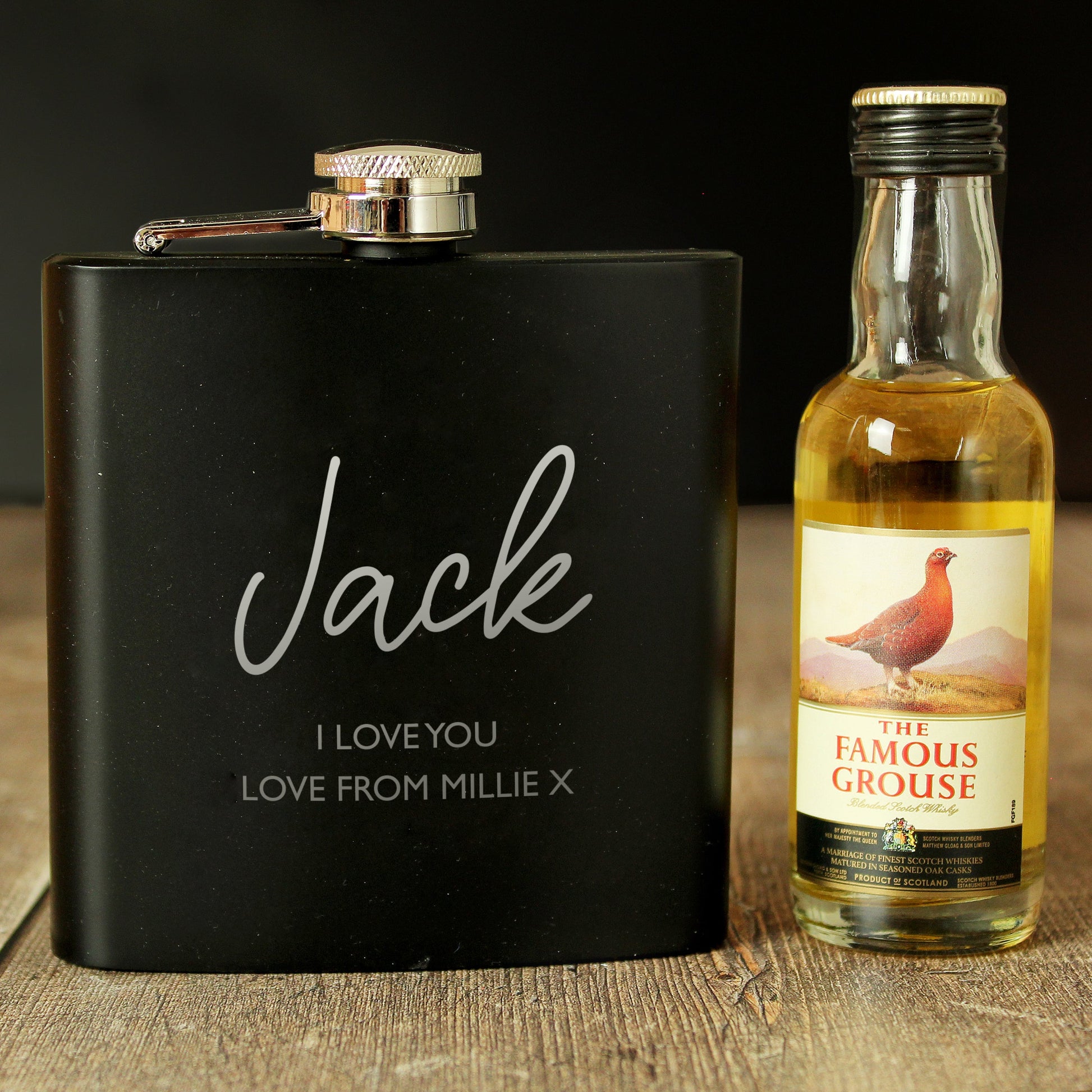 Personalised Free Text Hip Flask and Grouse Miniature Set Peach Bomb Fashion, Jewellery, Homeware & Gifts Alcohol