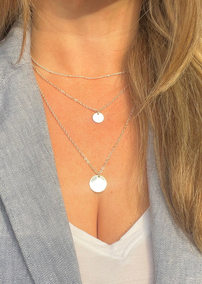 Silver Plated Layered Necklace with 3 Silver Chains and Disc Charms