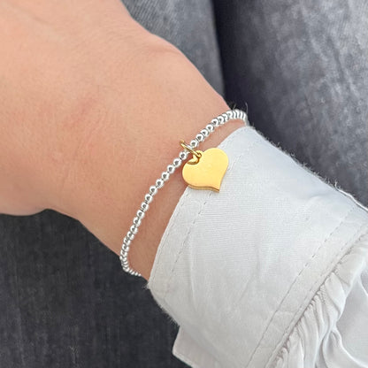 womens beaded stretch elastic bracelets jewellery jewelry silver beaded bead ball bracelet with gold love heart charm gift for her birthday friend sister daughter auntie mum mother mom fast delivery pretty minimalist 21st 18th teenager