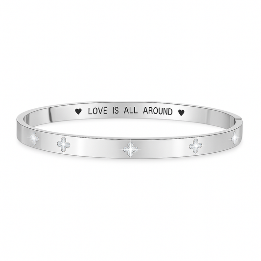 Silver Bangle with Clover Cubic Zirconia Details and “Love is All Around” Engraved Message