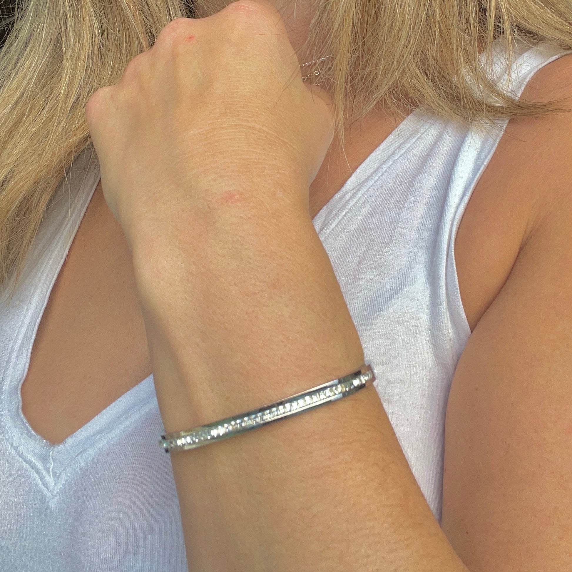peach bomb silver hinged bracelet bangle cubic zirconia 