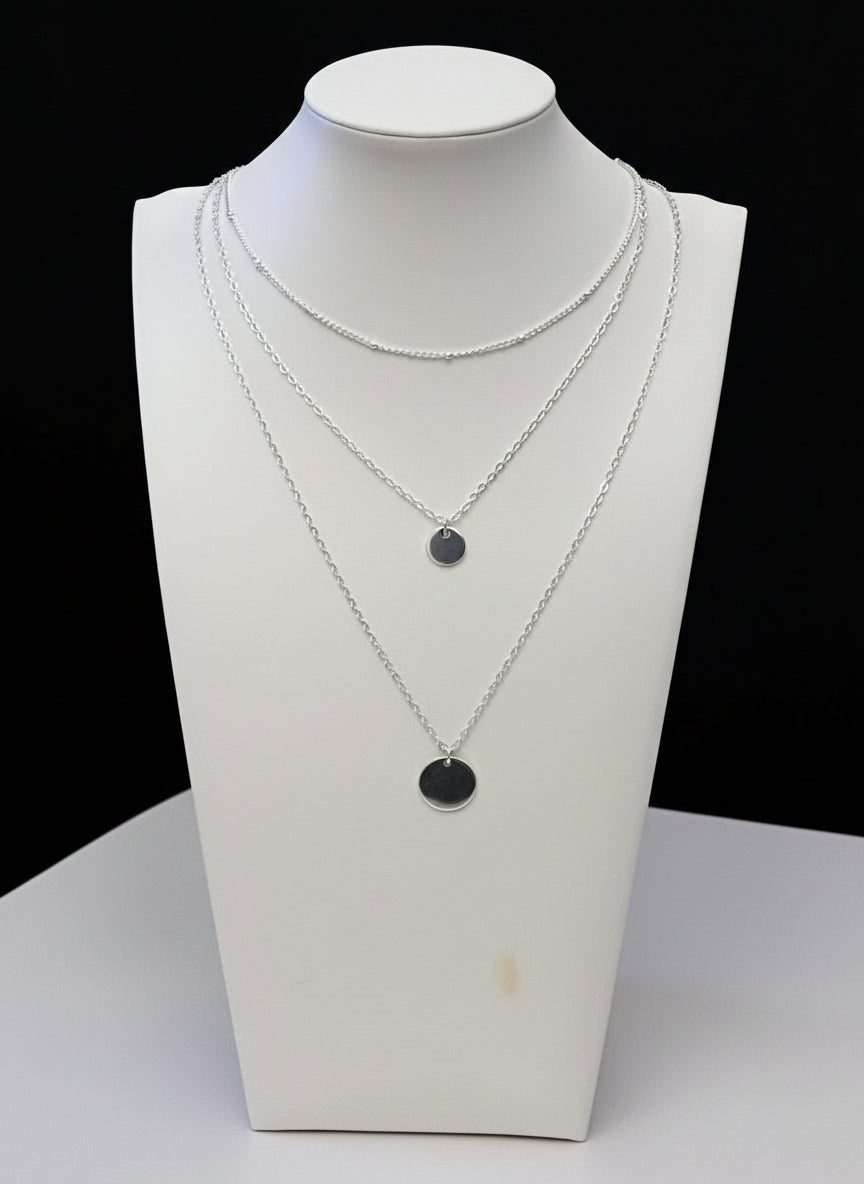 Silver Plated Layered Necklace with 3 Silver Chains and Disc Charms Peach Bomb Fashion, Jewellery, Homeware & Gifts