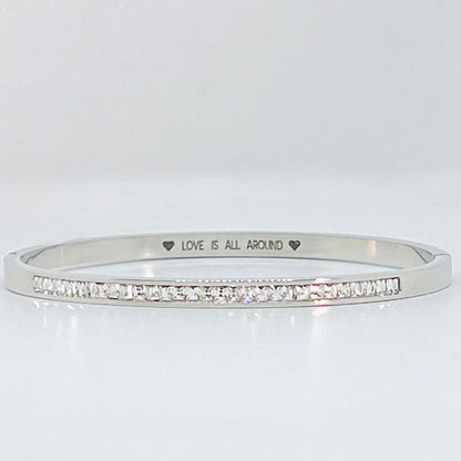 Silver Hinged Bangle with Sparkling Cubic Zirconia Band and "Love is All Around" Message